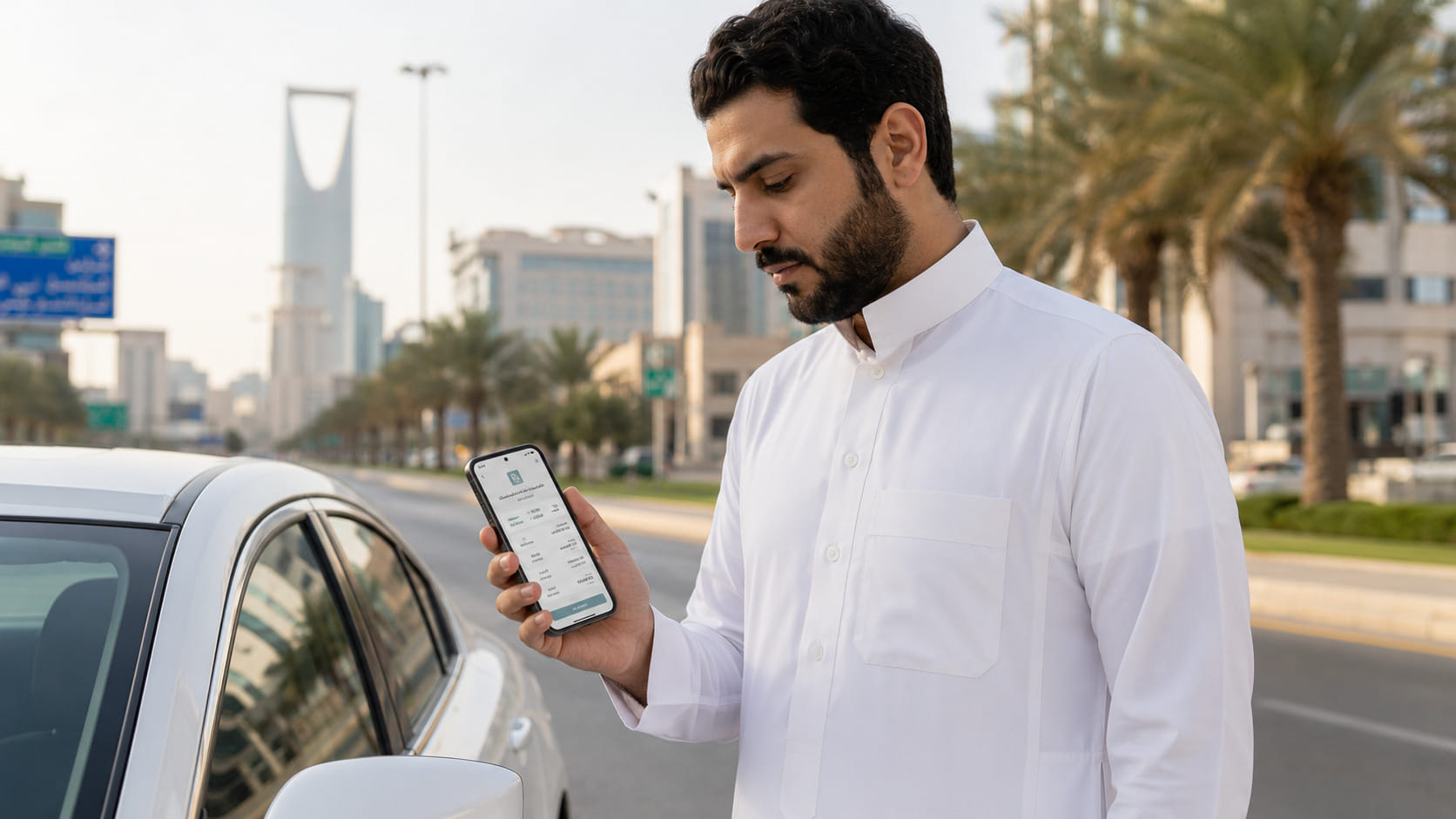 Man Checking traffic violation on his mobile phone