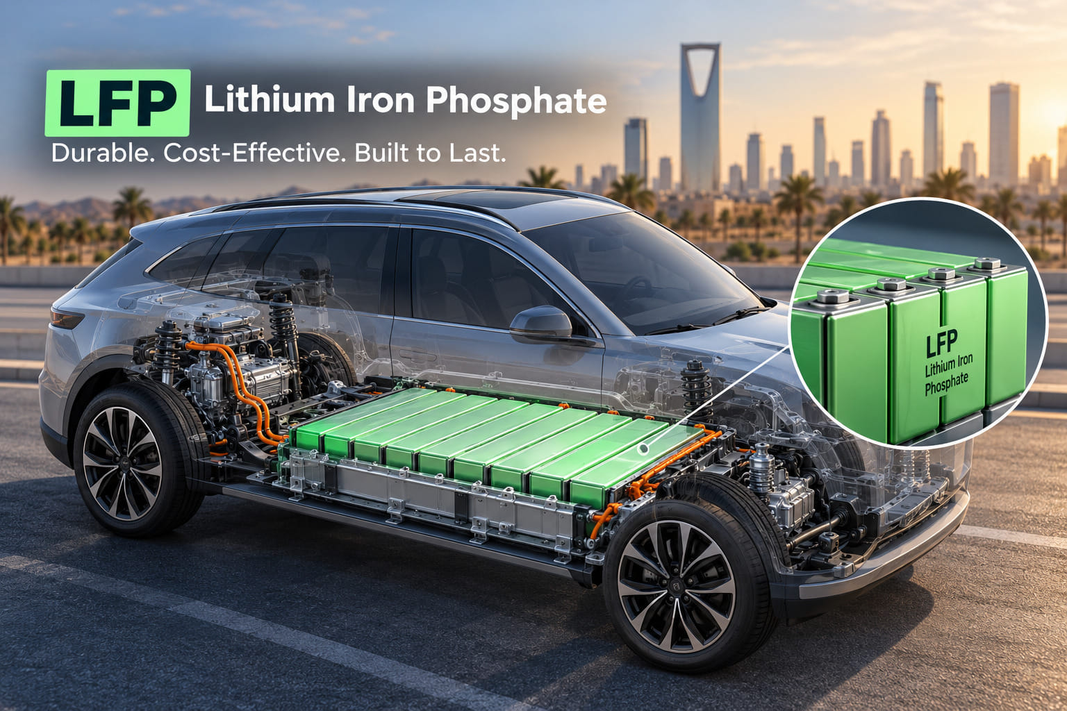 Electric SUV with transparent battery pack highlighting LFP lithium iron phosphate battery technology.