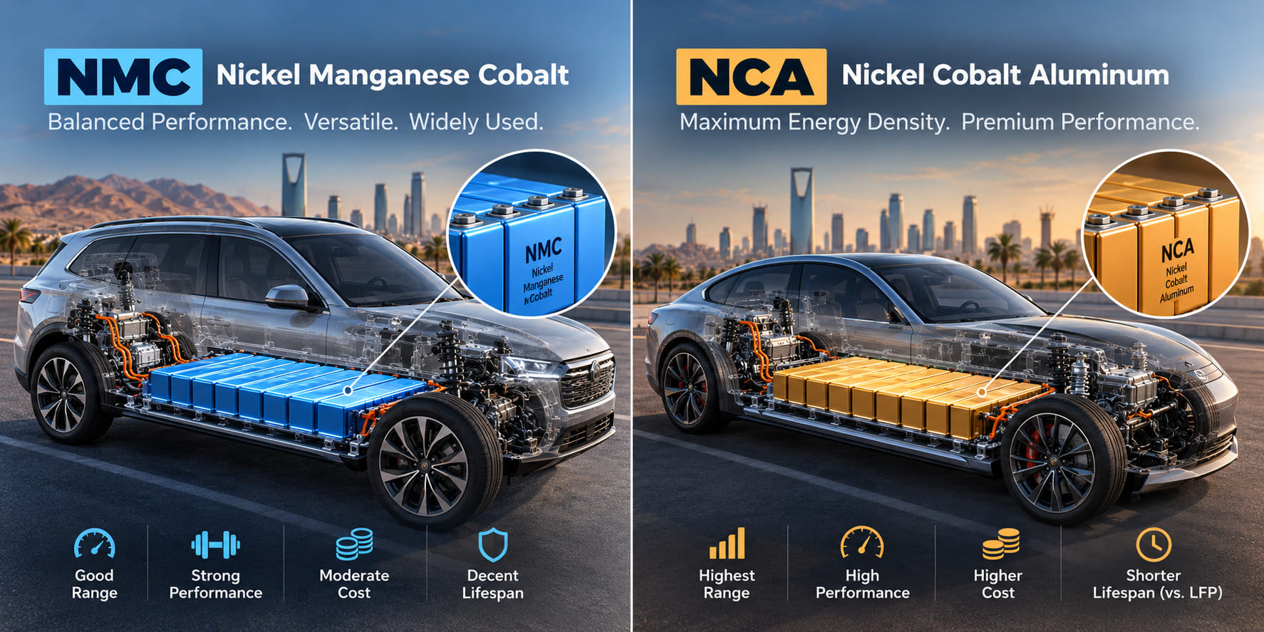 Comparison of NMC and NCA EV batteries, showing differences in range, performance, cost and lifespan.