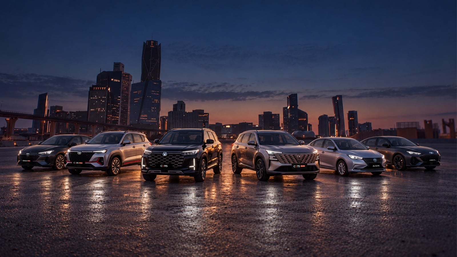 Changan vehicle lineup featuring sedans and SUVs displayed against a city skyline at dusk.
